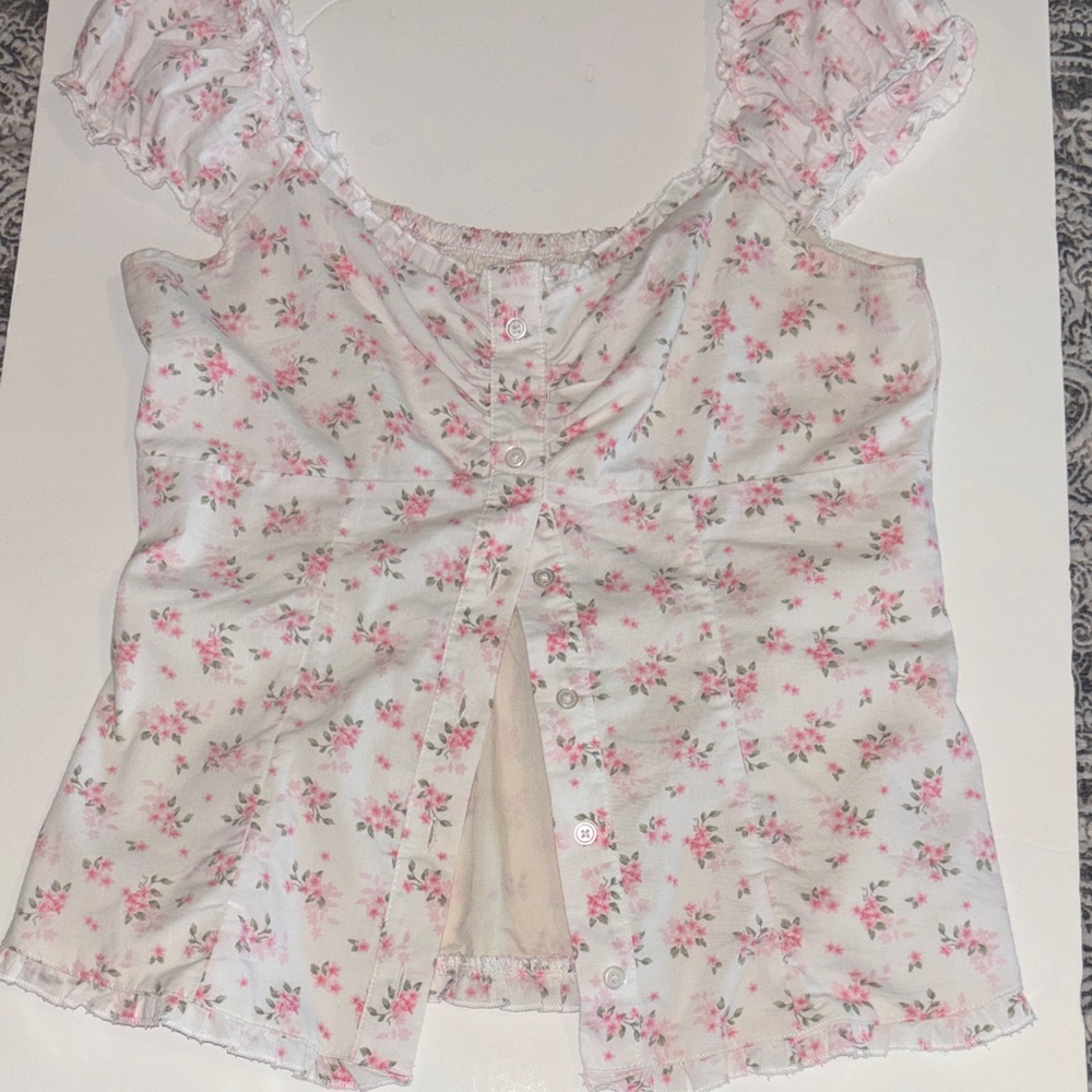 Hollister Light Pink Floral Ruffle Button-Front Tank